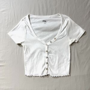 PacSun White Crop Top Women XS Belly Shirt Lettuce Hem Button Front Low Cut Sexy